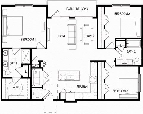 Floor plan for 3 beds, 2 baths, 1445 sqft